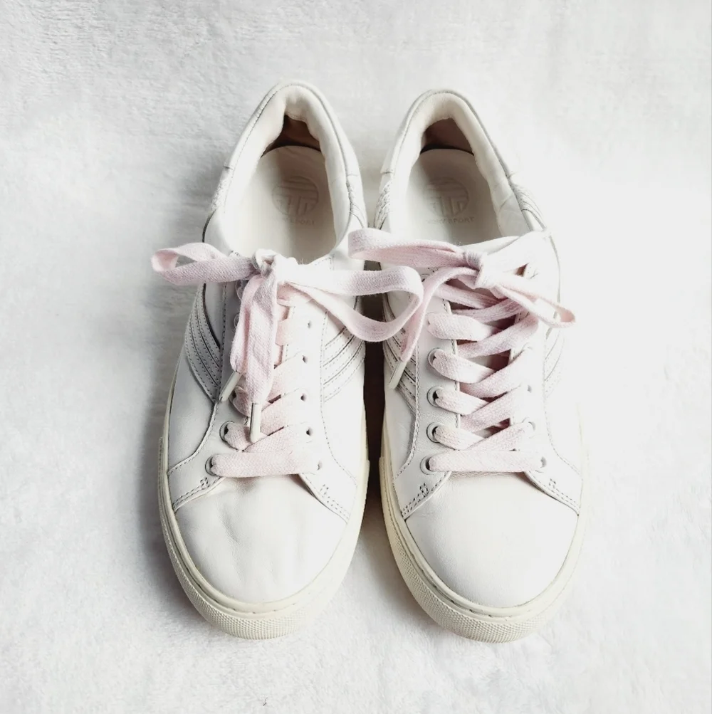TORY BURCH SPORT white leather with pink laces sneakers